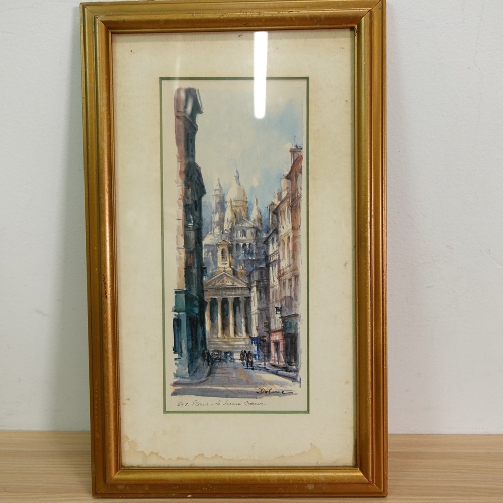 VINTAGE Lucien Delarue Paris Le Sacre Coeur Lithograph Print Framed Artwork 9x4
